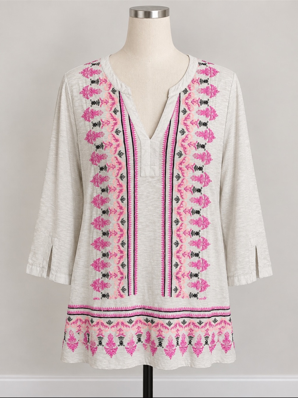 Women’s Embroidered Pink Beads and Black Accent Tunic Top, 28’ long, 100% cotton